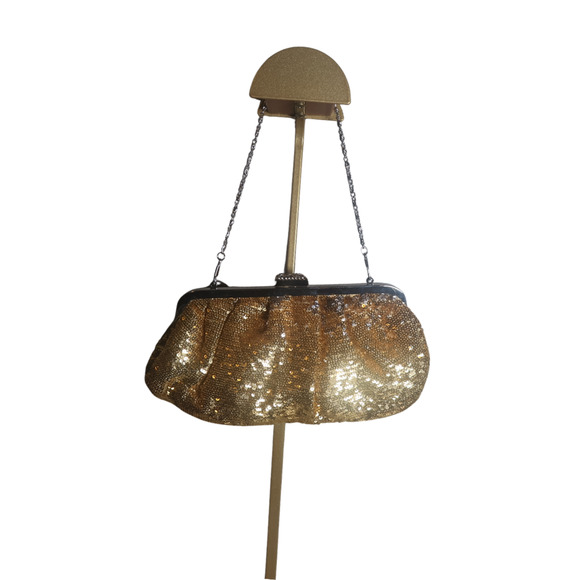 Sequin Satin Clutch Shoulder Bag Kiss Lock Frame 2 Straps Gold Glam Mobwife NWT - Picture 3 of 7